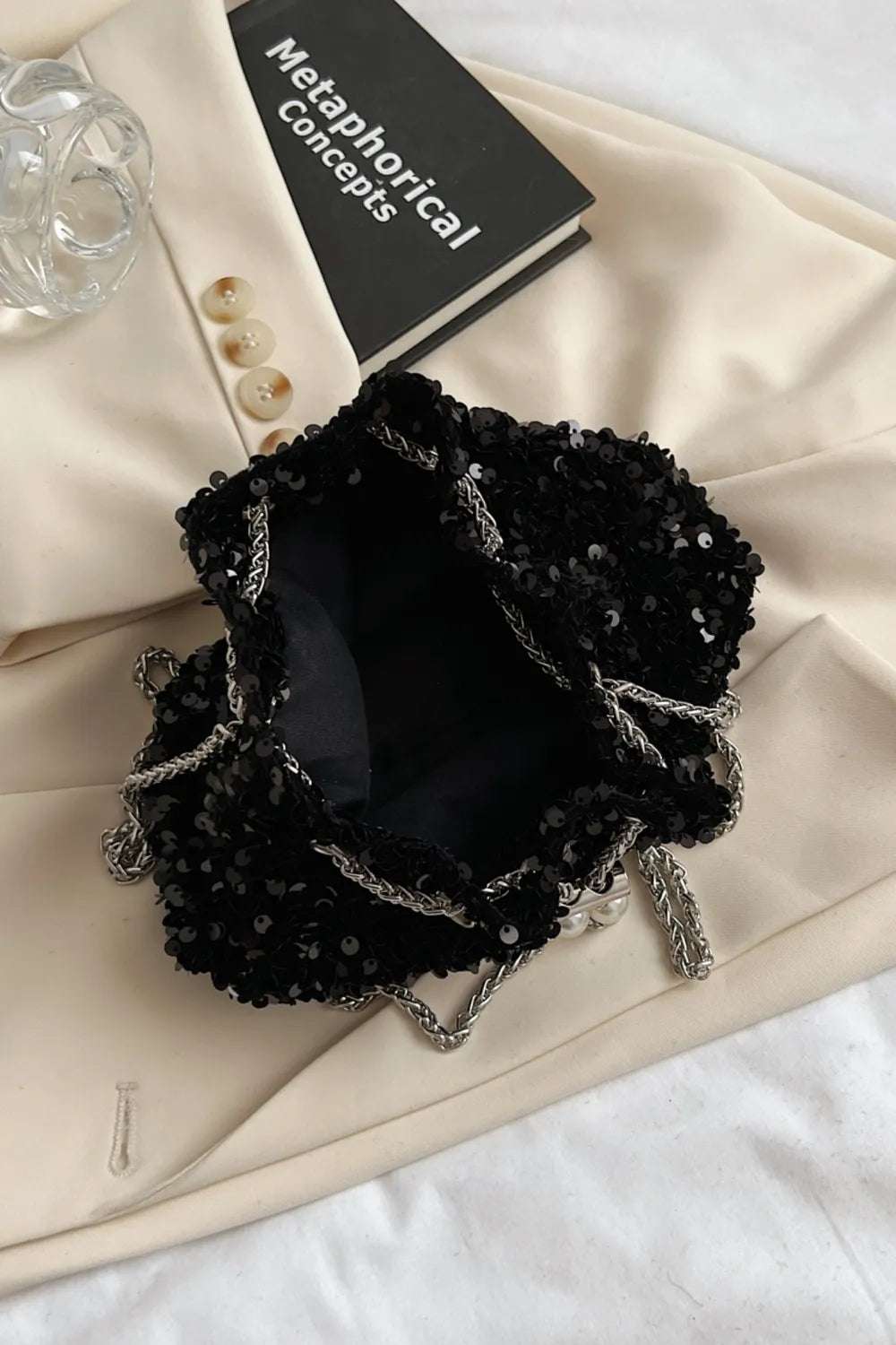 Sequin Chain Drawstring Bucket Bag - Premium Crossbody Bag from Trendsi - Just $21.99! Shop now at Handbags Specialist Headquarter