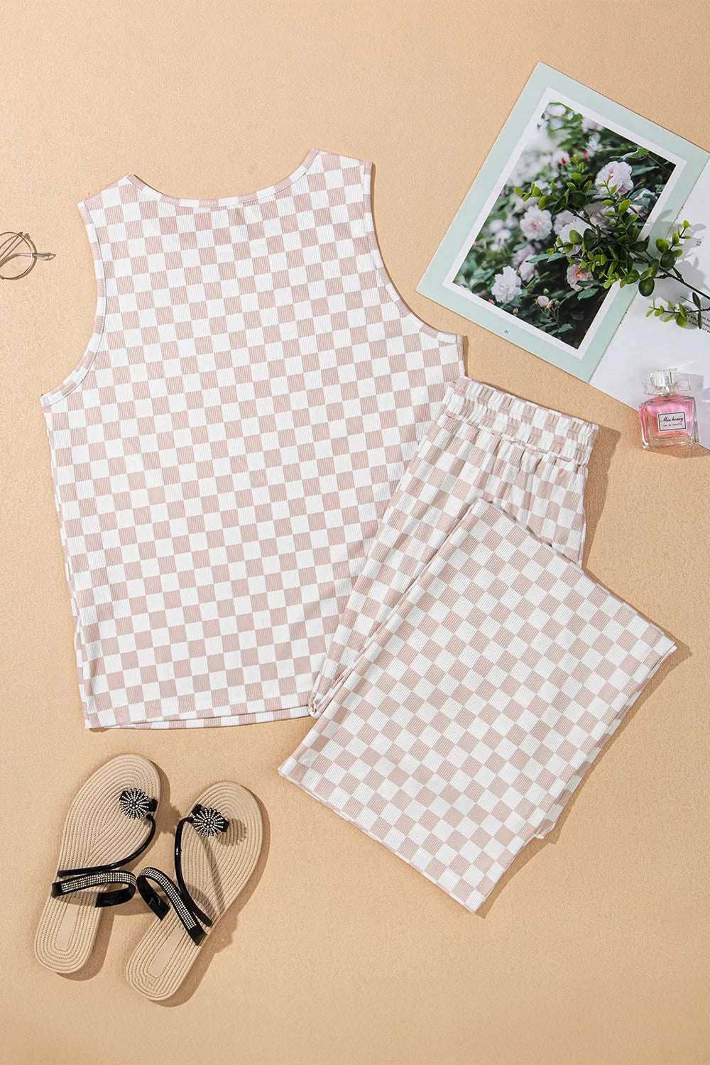 Ribbed Texture Checkered Print Tank and Pants Set - Premium Sleepwear from Trendsi - Just $39.99! Shop now at Handbags Specialist Headquarter