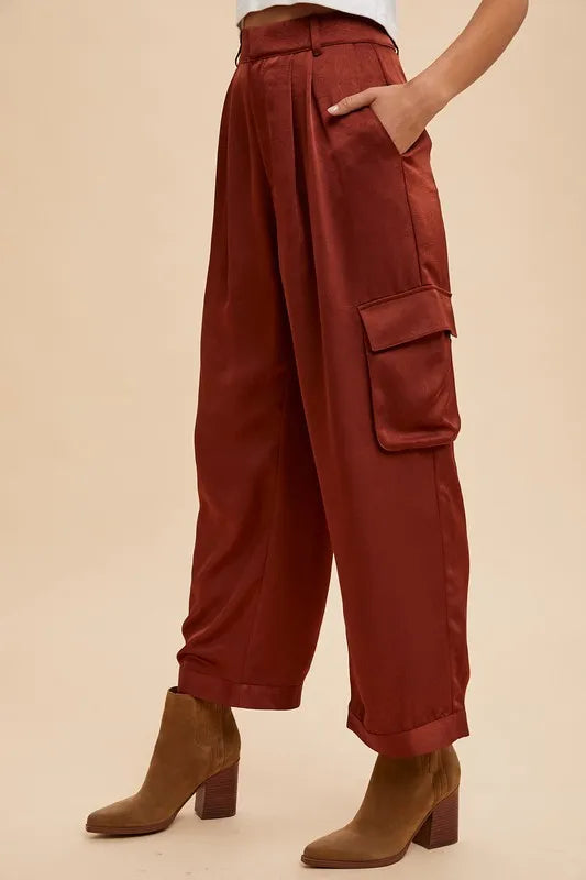 Annie Wear Wide Leg Cargo Satin Pants - Premium Bottoms from Trendsi - Just $50.86! Shop now at Handbags Specialist Headquarter
