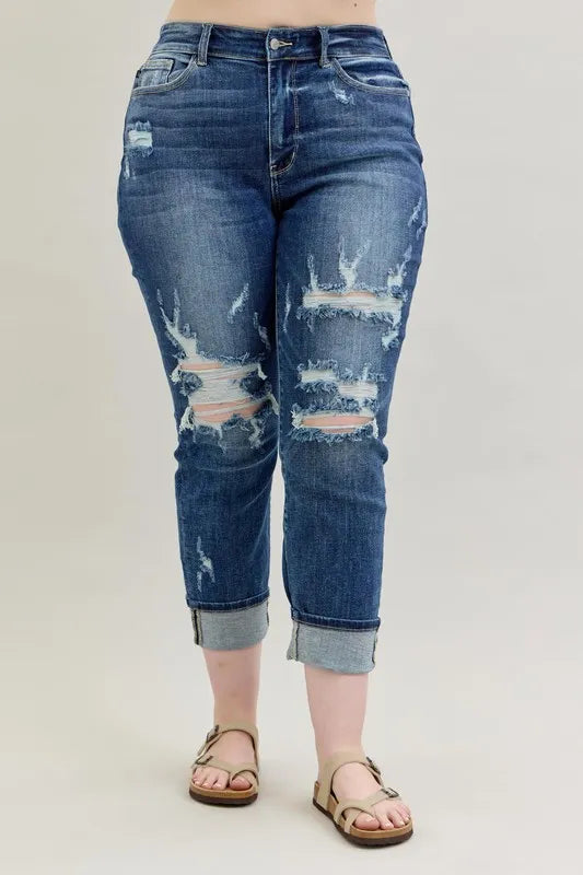 Judy Blue Full Size Mid Rise Cuffed Destroy Bf Jeans Plus Size - Premium Women / Jeans & Denim from Trendsi - Just $62.99! Shop now at Handbags Specialist Headquarter