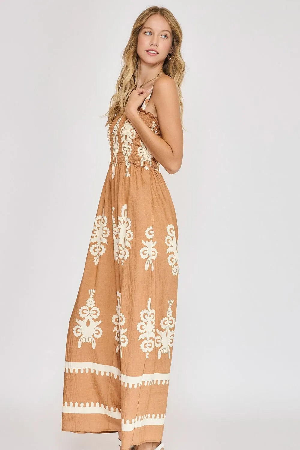 Umgee Full Size Smocked Printed Wide Leg Jumpsuit Plus Size - Premium Dresses from Trendsi - Just $55.99! Shop now at Handbags Specialist Headquarter