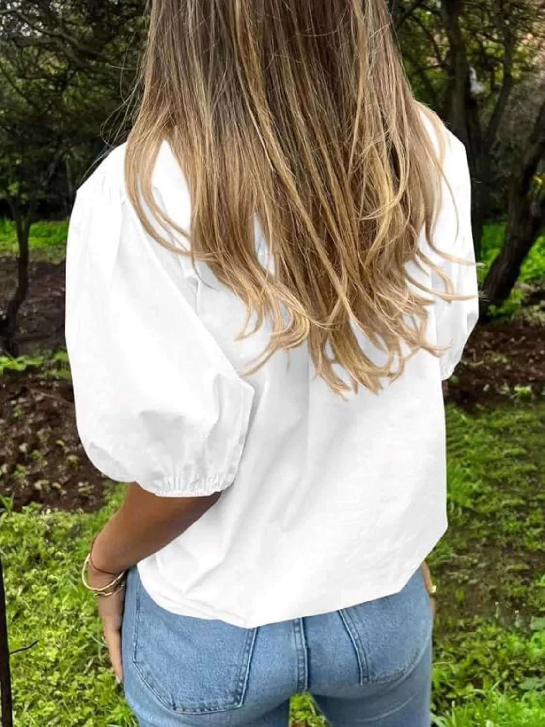 Button Down Puff Sleeve Shirt - Premium Women's Down Shirt Tops from Trendsi - Just $27.74! Shop now at Handbags Specialist Headquarter