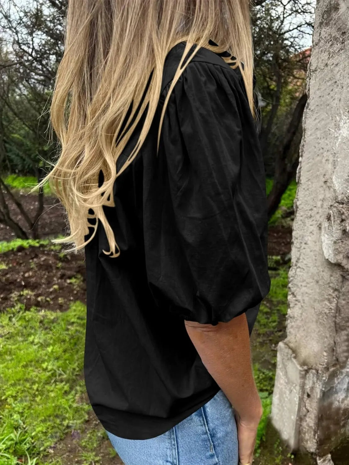 Button Down Puff Sleeve Shirt - Premium Women's Down Shirt Tops from Trendsi - Just $27.74! Shop now at Handbags Specialist Headquarter