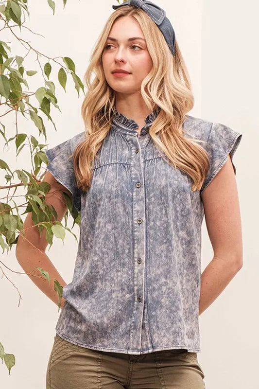 Lime 'N' Chili Mineral Wash Flutter Sleeve Button Down Shirt - Premium Women / Jeans & Denim from Trendsi - Just $40.98! Shop now at Handbags Specialist Headquarter