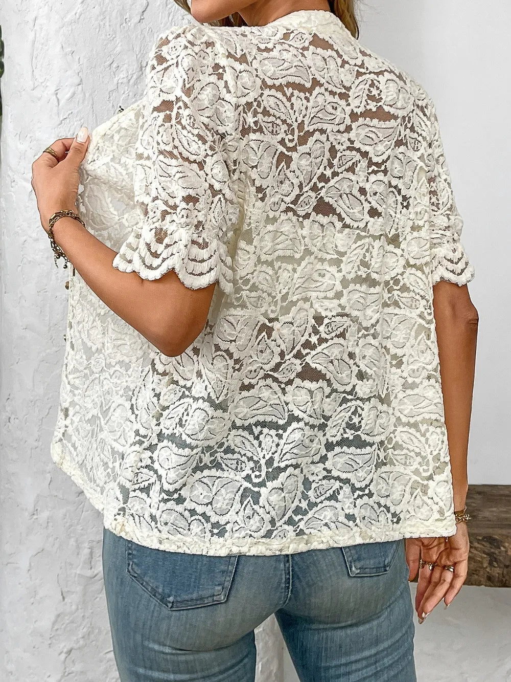 Button Down Half Sleeve Lace Shirt - Premium Women's Down Shirt Tops from Trendsi - Just $27.74! Shop now at Handbags Specialist Headquarter