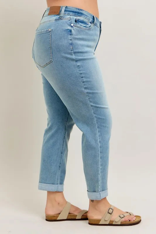 Judy Blue Full Size V-Front Cuff Boyfriend Jeans Plus Size - Premium Women / Jeans & Denim from Trendsi - Just $58.99! Shop now at Handbags Specialist Headquarter