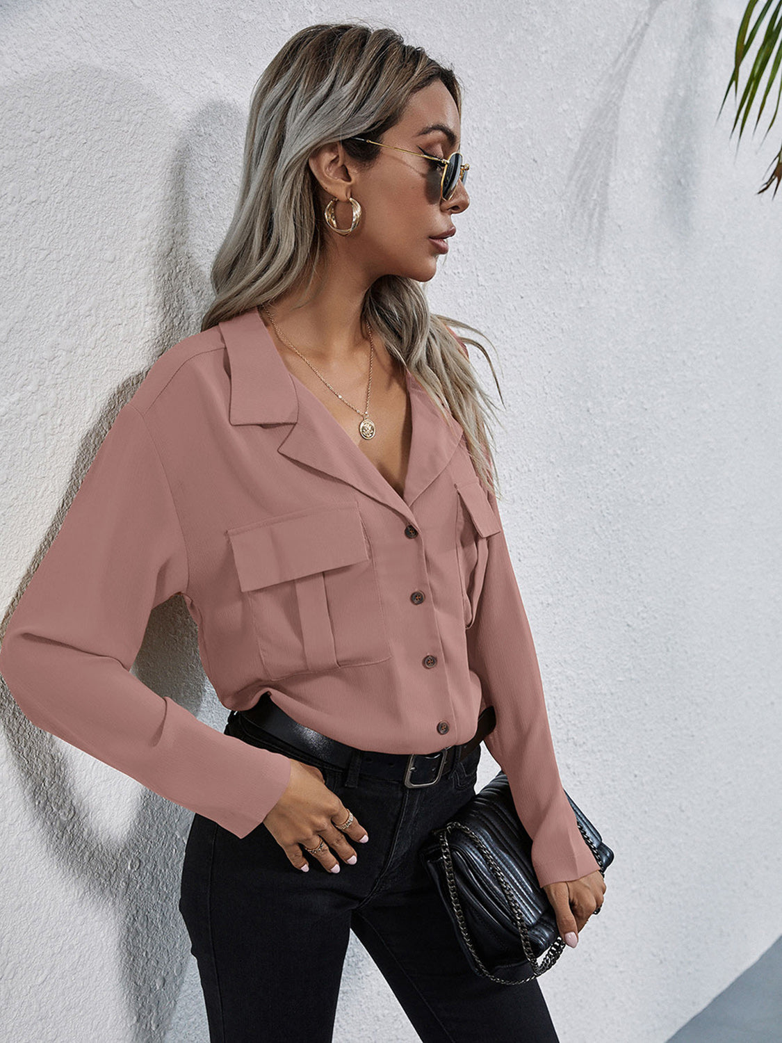Collared Neck Button Down Shirt - Premium Women's Down Shirt Tops from Trendsi - Just $27! Shop now at Handbags Specialist Headquarter