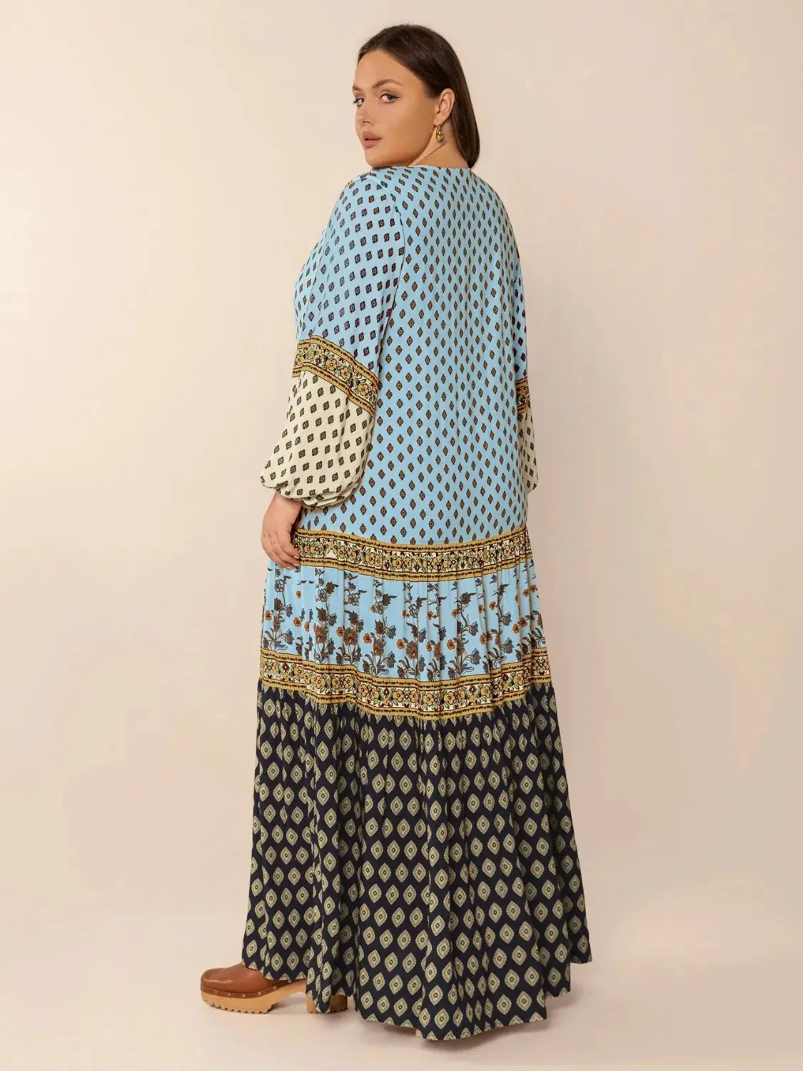 Plus Size Printed V-Neck Balloon Sleeve Maxi Dress.