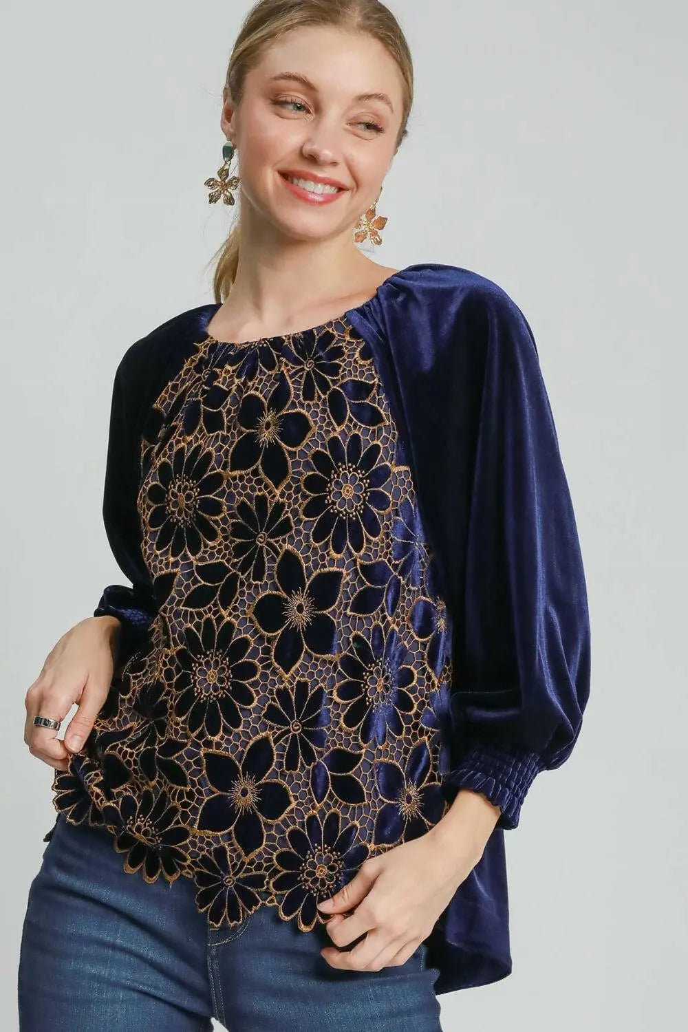 Umgee Full Size Floral Lace Velvet Raglan Sleeve Top Plus Size.