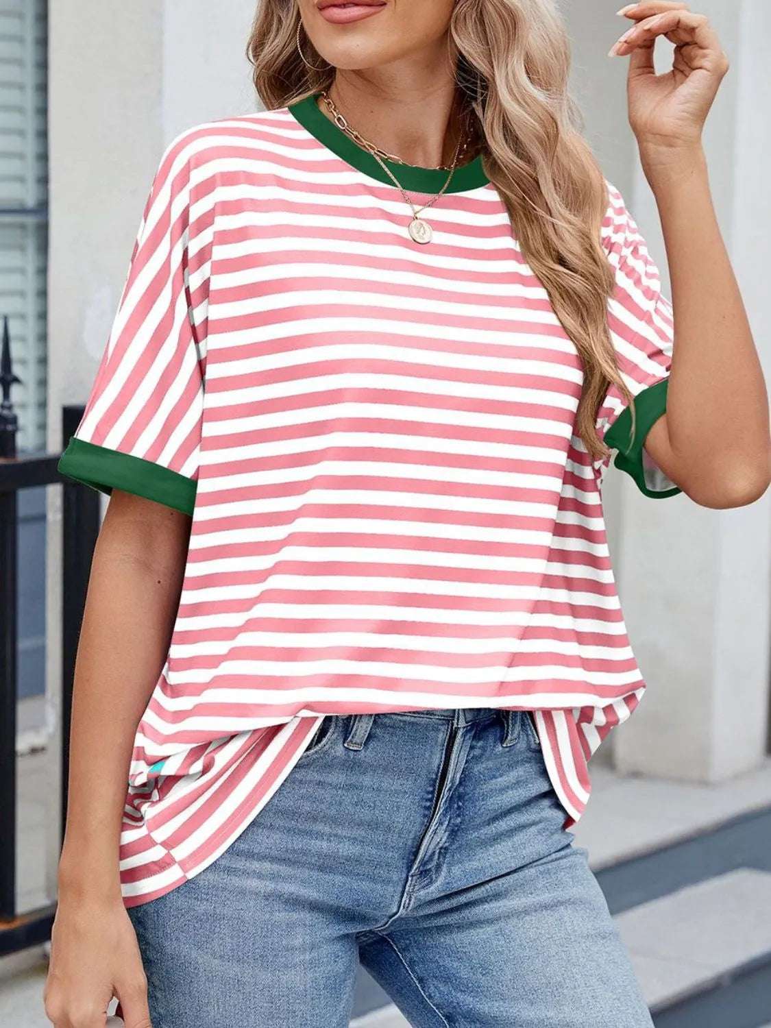 Striped Round Neck Half Sleeve T-Shirt - Premium Women / Tops from Trendsi - Just $19.34! Shop now at Handbags Specialist Headquarter