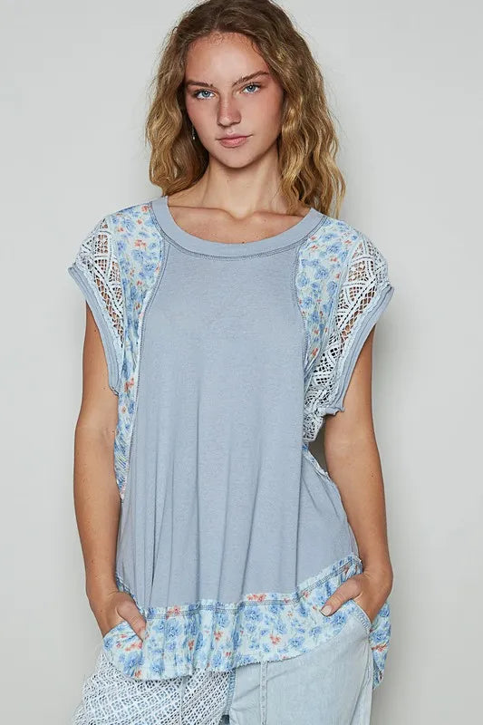 POL Floral Frayed Hem Crochet Cap Sleeve Top - Premium Women / Jeans & Denim from Trendsi - Just $55.08! Shop now at Handbags Specialist Headquarter