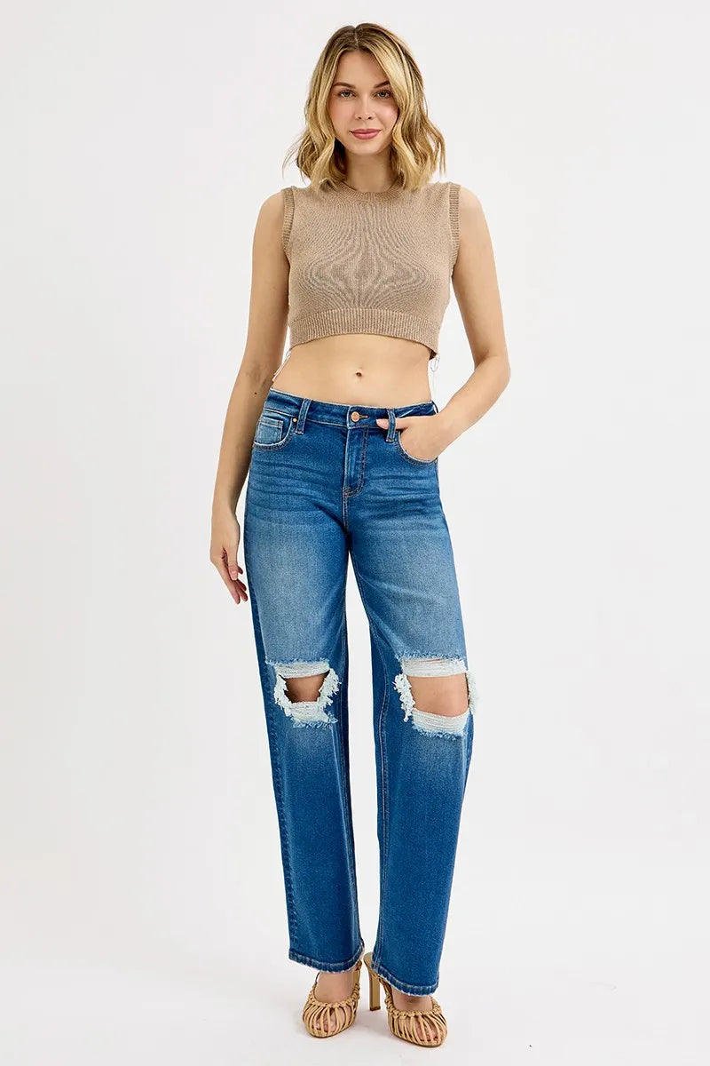 RISEN Full Size Mid Waist Fit Boyfriend Knee Distressed Jeans Plus Size - Premium Women / Jeans & Denim from Trendsi - Just $64.99! Shop now at Handbags Specialist Headquarter