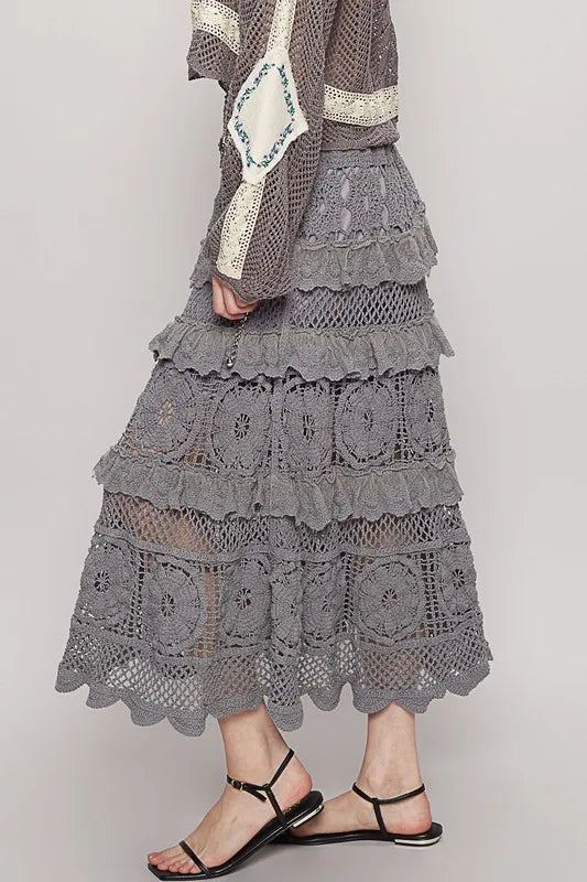 POL Crochet Lace Ruffled Midi Skirt - Premium Bottoms from Trendsi - Just $64.24! Shop now at Handbags Specialist Headquarter