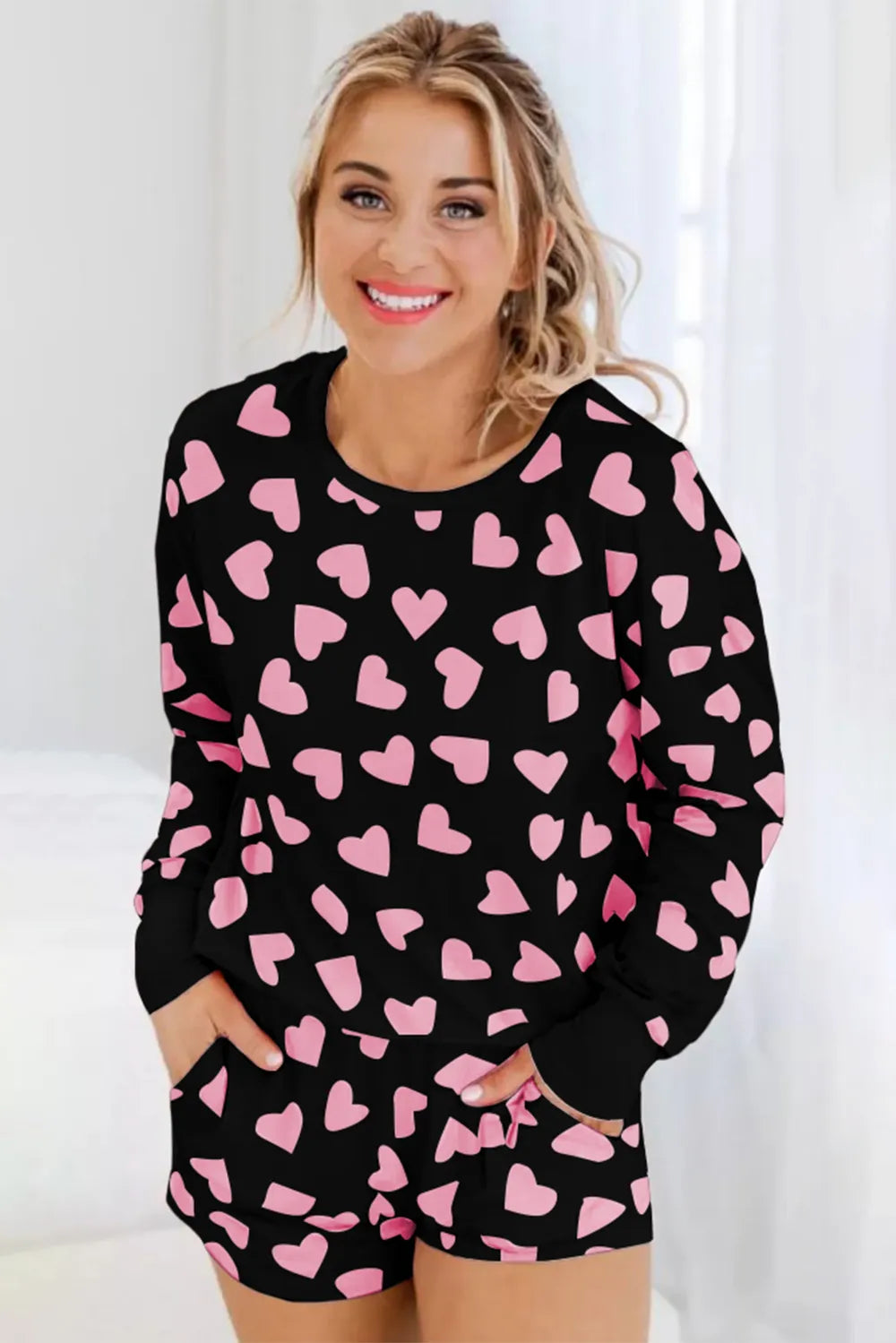 Heart Print Long Sleeve Top and Shorts Lounge Set - Premium Sleepwear from Trendsi - Just $37.99! Shop now at Handbags Specialist Headquarter