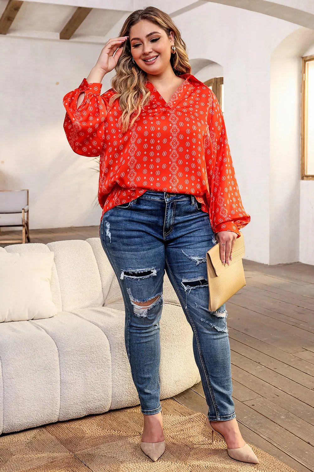 Plus Size Printed Johnny Collar Long Sleeve Blouse - Premium Plus Size Shirts from Trendsi - Just $29! Shop now at Handbags Specialist Headquarter