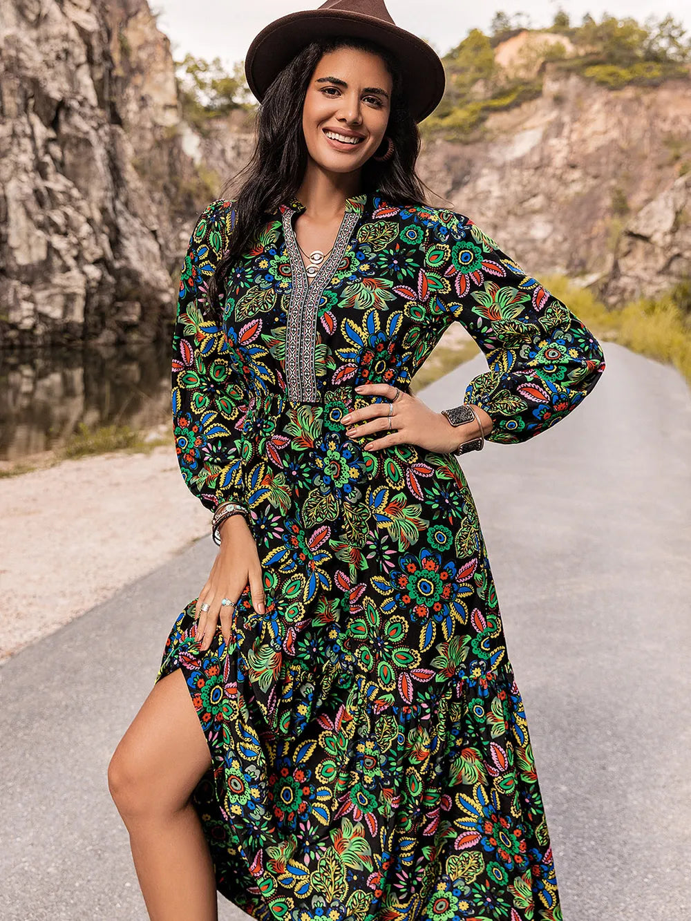 Printed Notched Neck Maxi Dress - Premium Maxi Dress from Trendsi - Just $49.99! Shop now at Handbags Specialist Headquarter