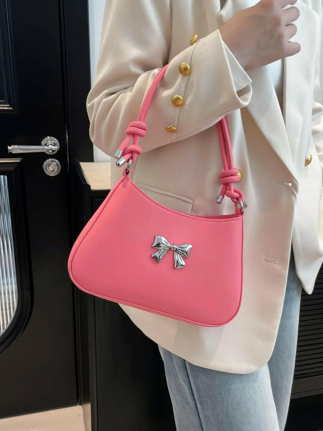 Bow PU Leather Knotted Strap Handbag - Premium Tote Bag from Trendsi - Just $20.62! Shop now at Handbags Specialist Headquarter