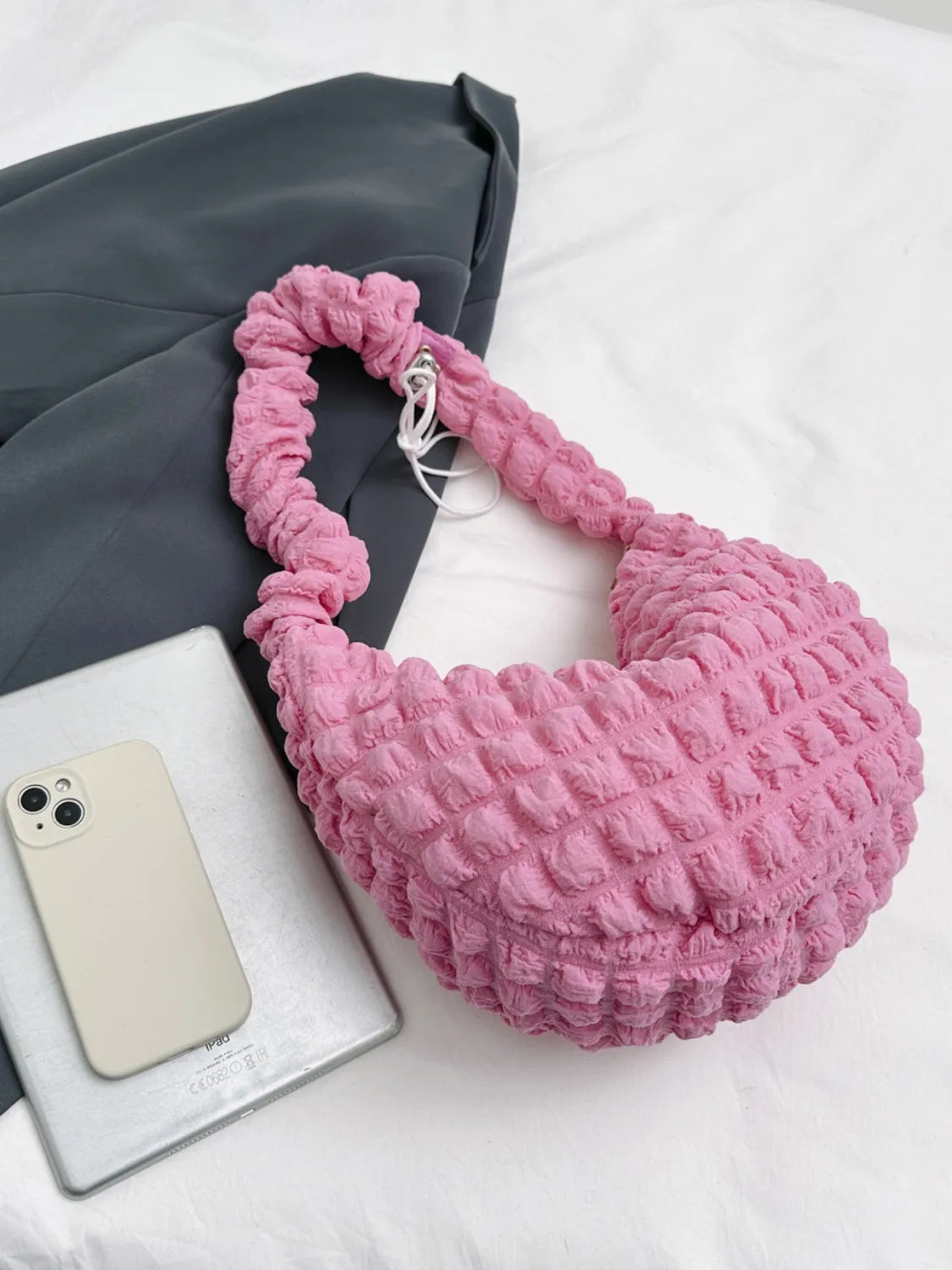 Drawstring Strap Bubble Textured Shoulder Bag.