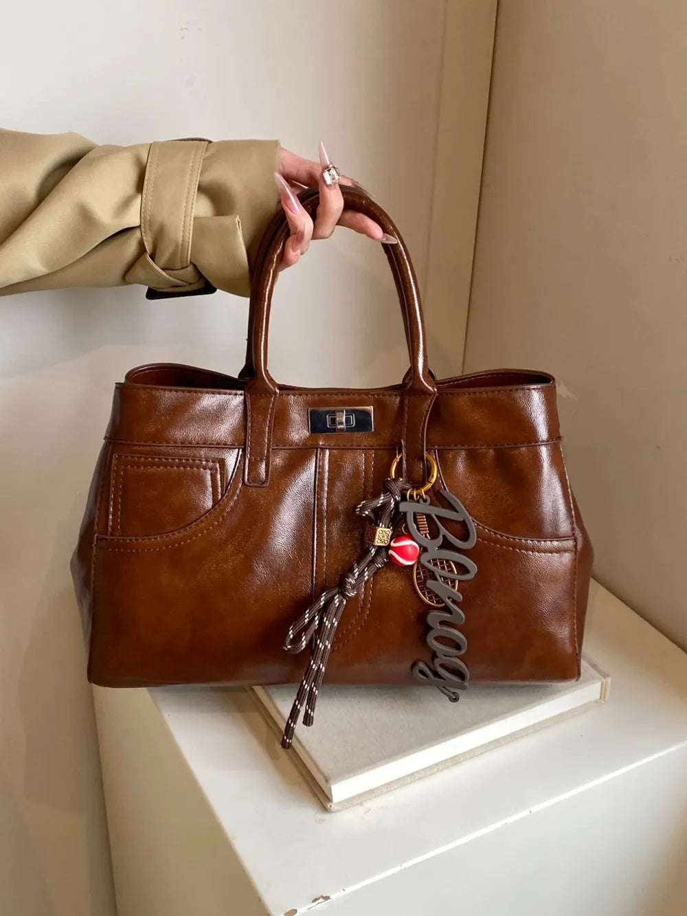 PU Leather Handbag with Pendant - Premium Tote Bag from Trendsi - Just $40.99! Shop now at Handbags Specialist Headquarter