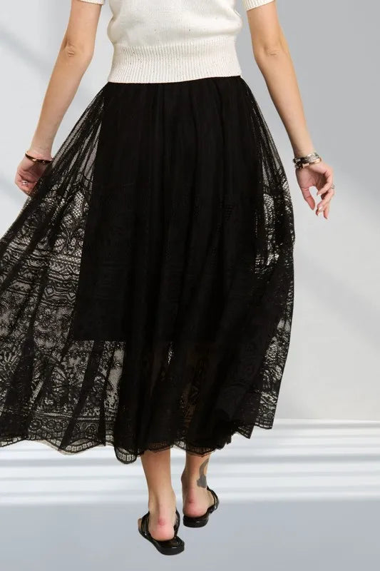 ADORA Elastic Waist Raw Hem Lace Maxi Skirt - Premium Skirts from Trendsi - Just $36.99! Shop now at Handbags Specialist Headquarter