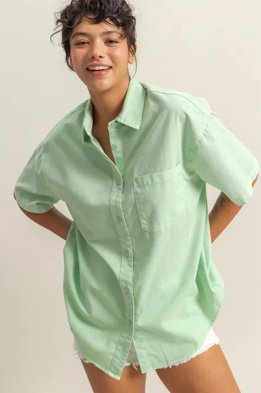 HYFVE Short Sleeve Button Down Oversized Shirt - Premium Women's Down Shirt Tops from Trendsi - Just $34.34! Shop now at Handbags Specialist Headquarter