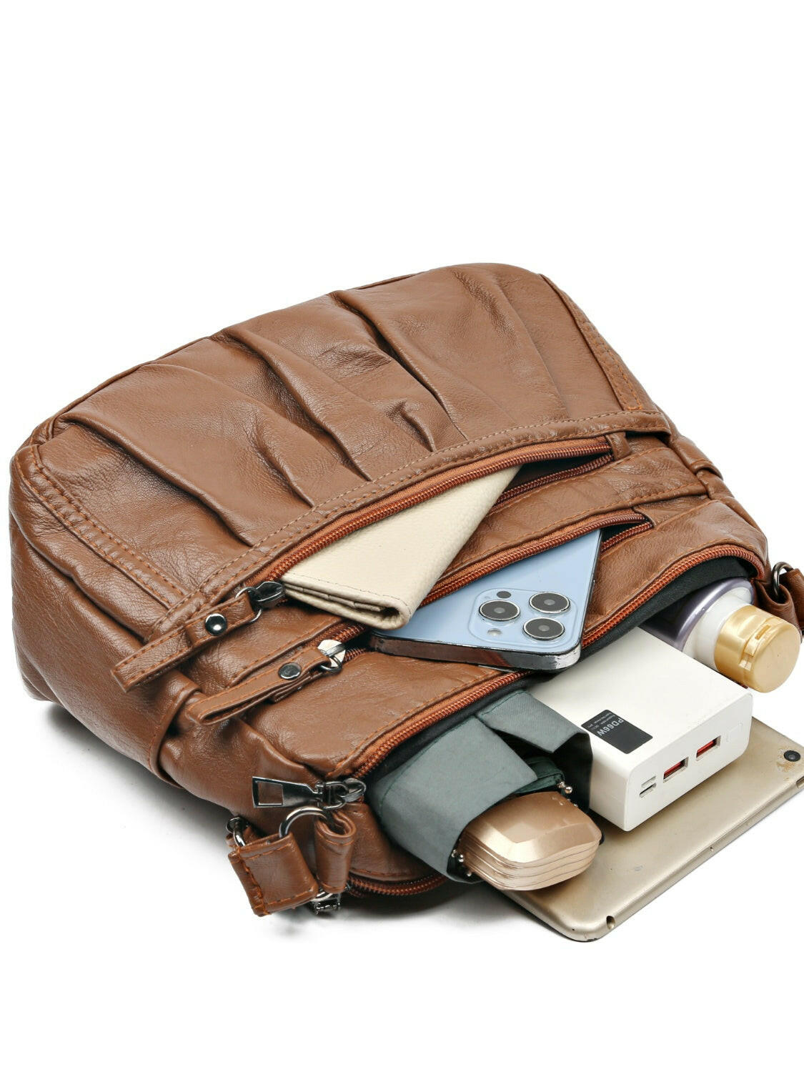 PU Leather Ruched Adjustable Strap Shoulder Bag.