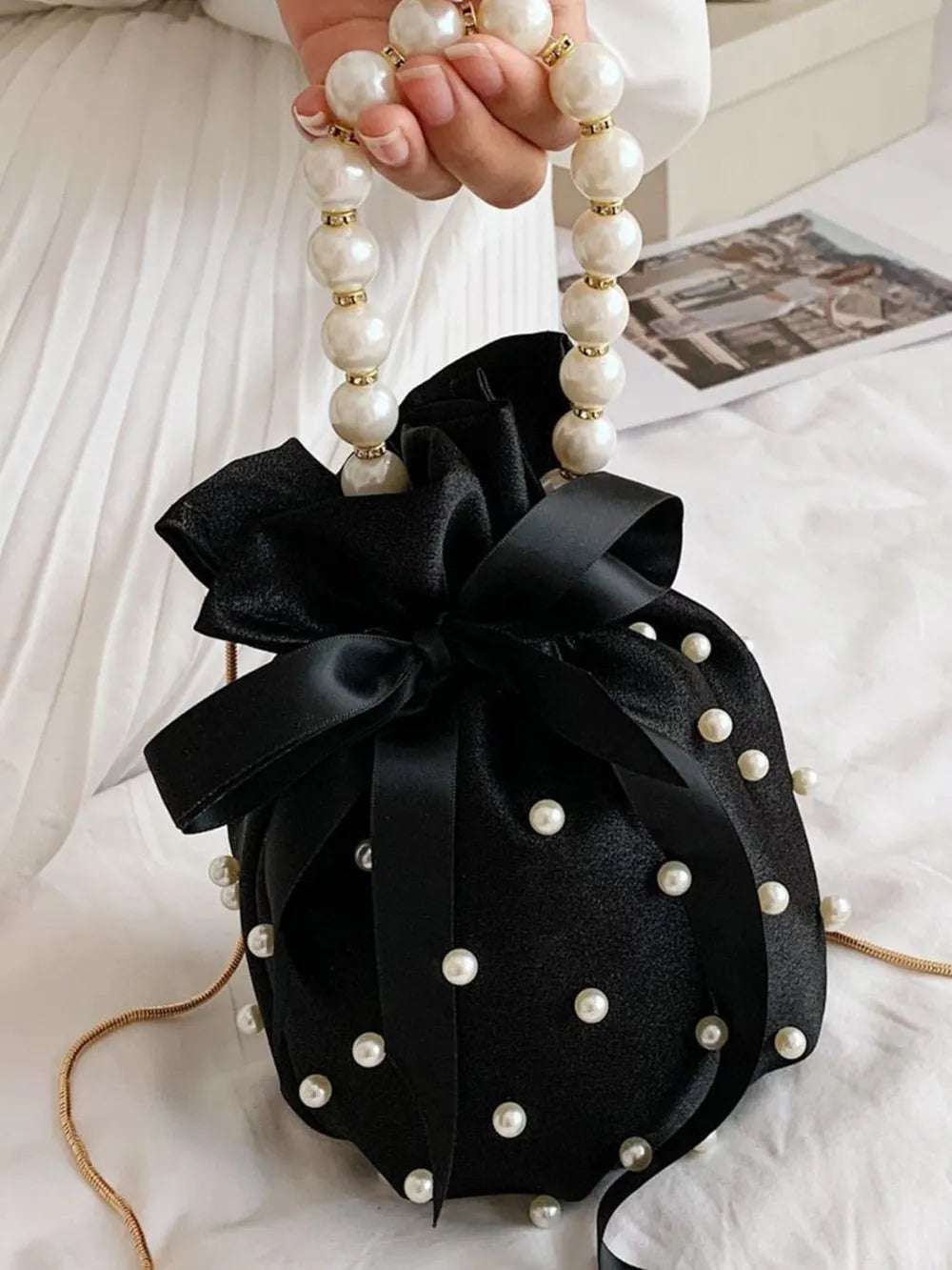 Pearl Detail Solid Color Bucket Bag - Premium Crossbody Bag from Trendsi - Just $27.99! Shop now at Handbags Specialist Headquarter
