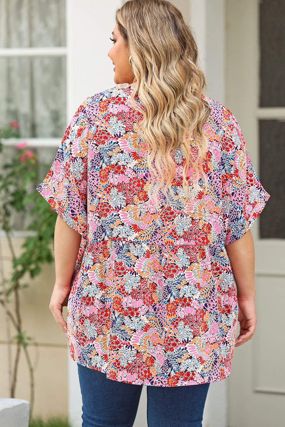 Plus Size Printed Notched Neck Half Sleeve Top - Premium Plus Size Shirts from Trendsi - Just $28! Shop now at Handbags Specialist Headquarter