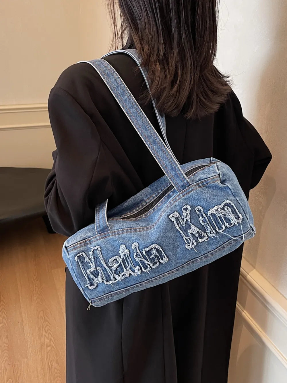 Letter Raw Edge Denim Handbag - Premium Tote Bag from Trendsi - Just $33.99! Shop now at Handbags Specialist Headquarter