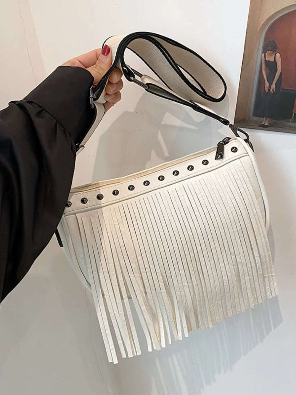 PU Leather Fringe Studded Crossbody Bag - Premium Crossbody Bag from Trendsi - Just $29.99! Shop now at Handbags Specialist Headquarter