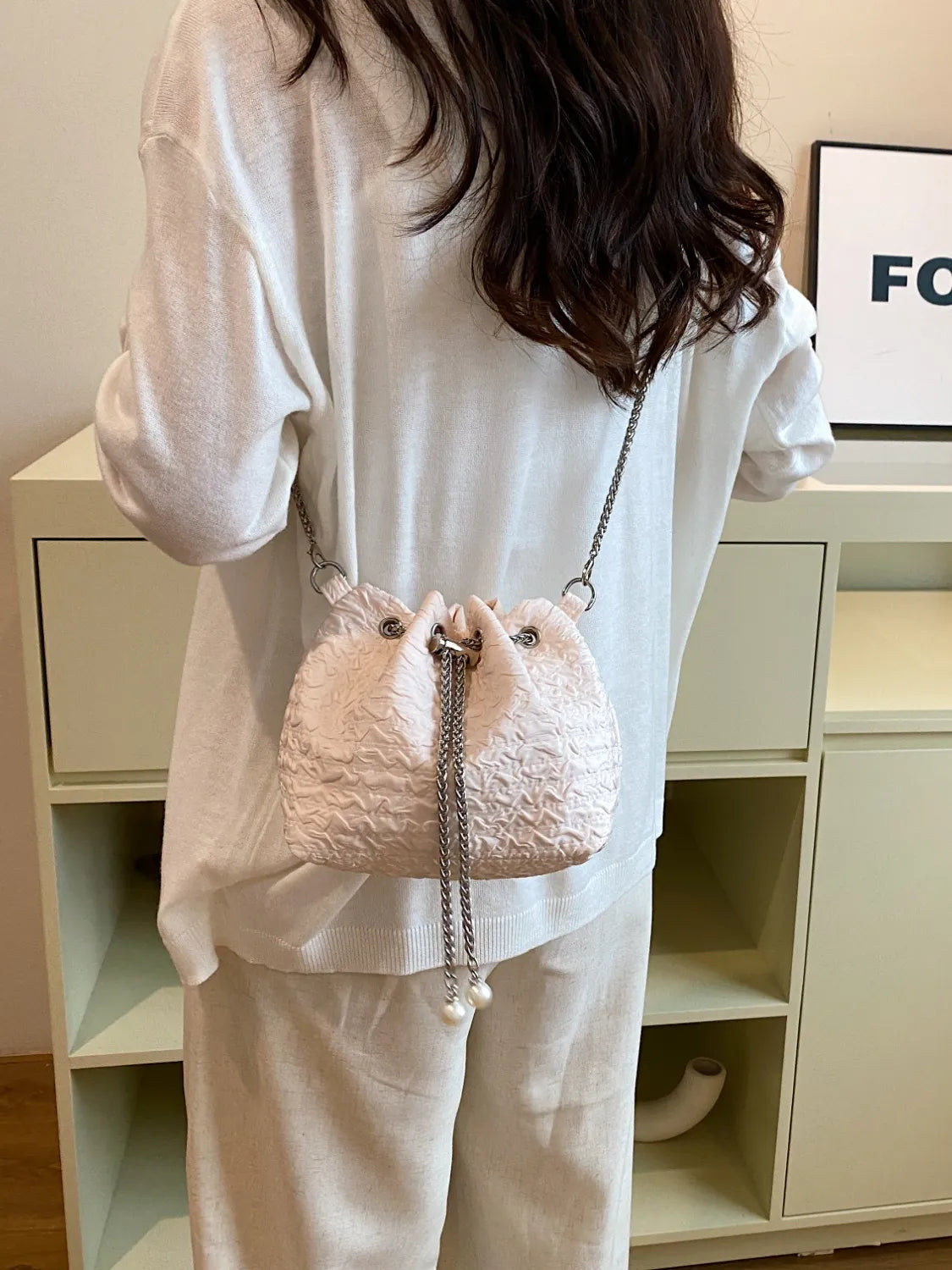 Textured Chain Bucket Bag.