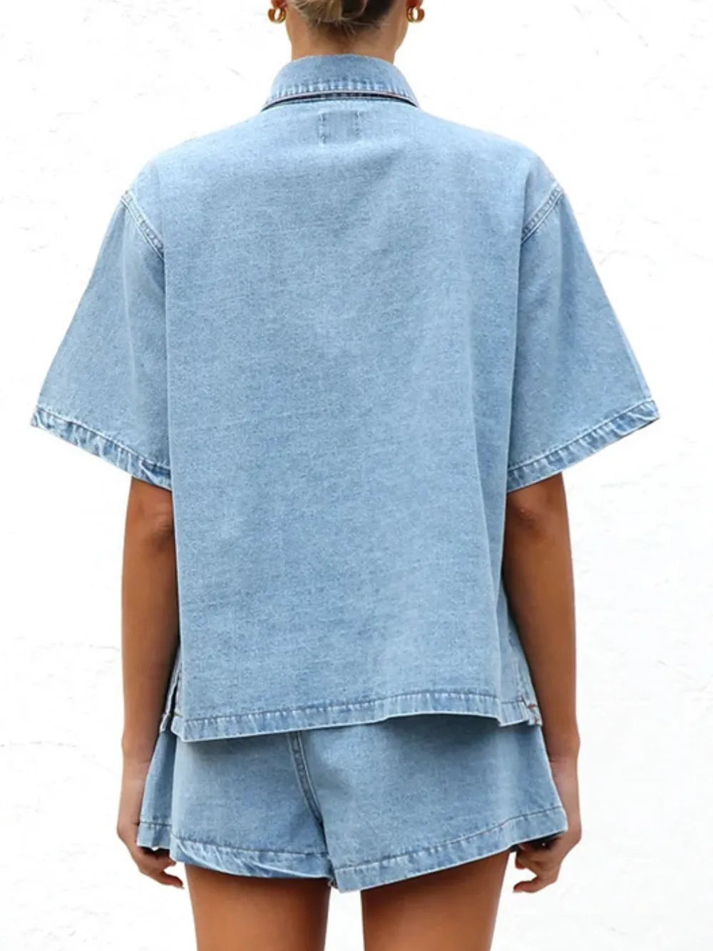 Button Up Half Sleeve Denim Shirt - Premium Women / Jeans & Denim from Trendsi - Just $34.56! Shop now at Handbags Specialist Headquarter
