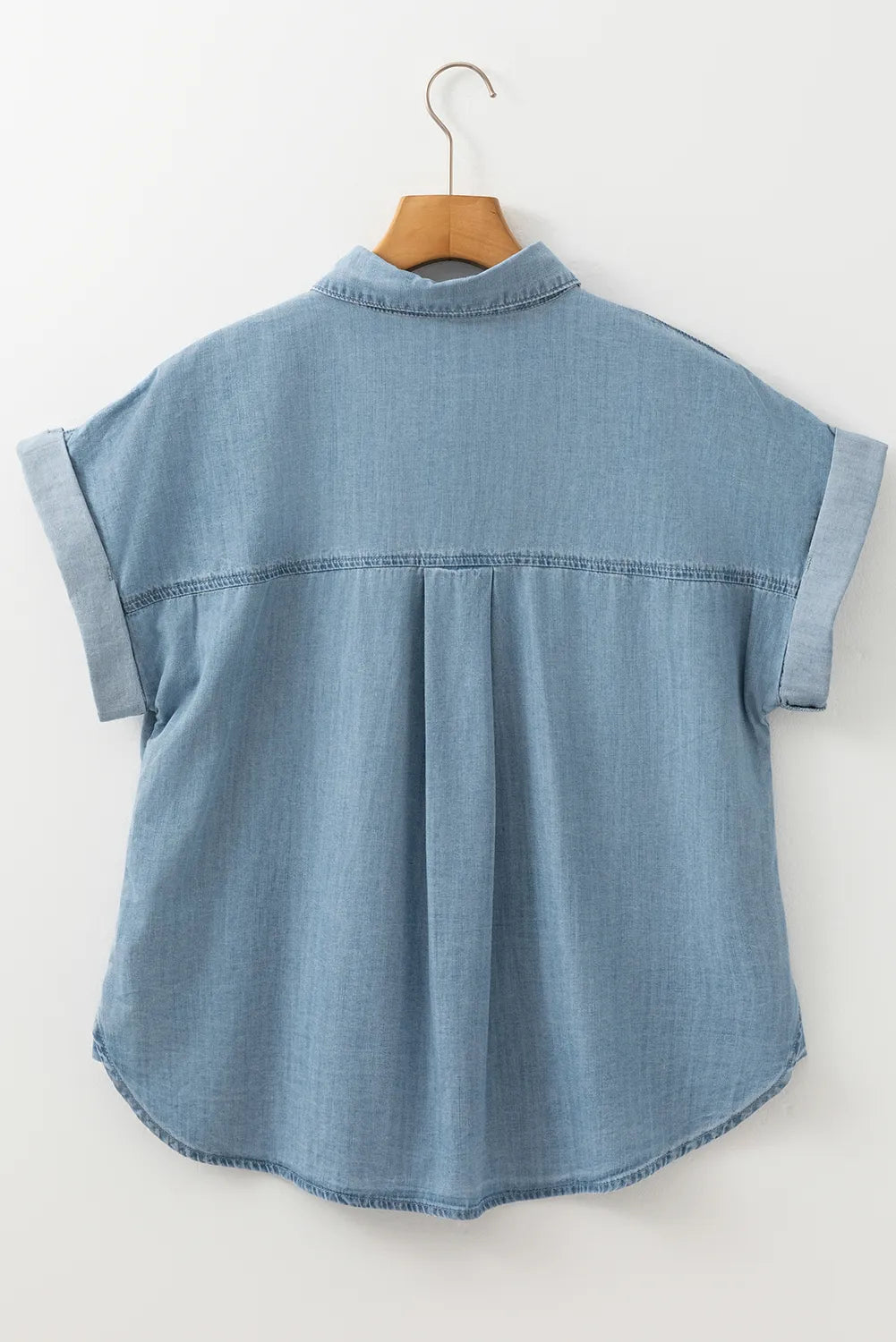 Folded Short Sleeve Patched Pocket Denim Shirt - Premium Women / Jeans & Denim from Trendsi - Just $48.76! Shop now at Handbags Specialist Headquarter