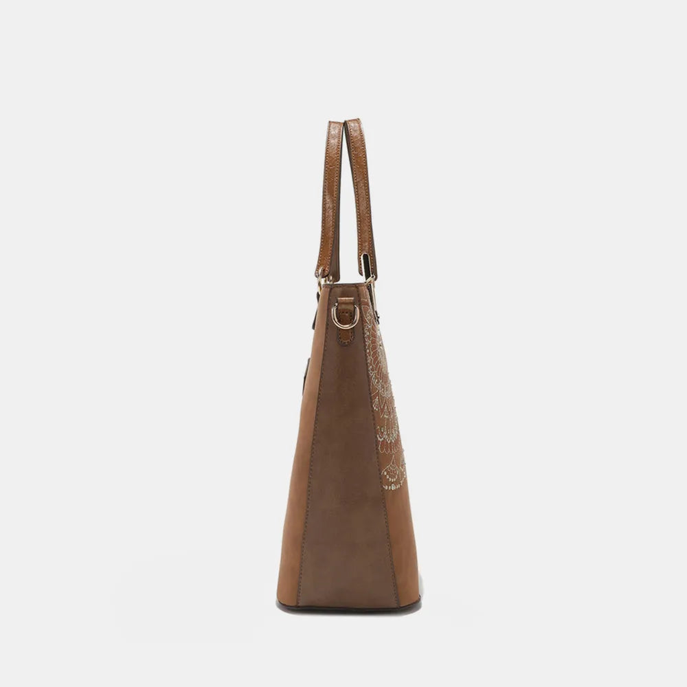 Nicole Lee USA Metallic Stitching Embroidery Inlaid Rhinestone Tote Bag - Premium Tote Bag from Trendsi - Just $64.99! Shop now at Handbags Specialist Headquarter