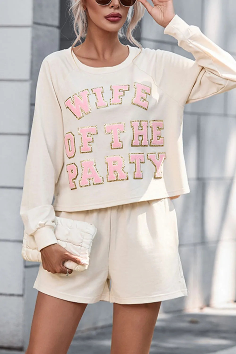 WIFE OF THE PARTY Round Neck Top and Shorts Set - Premium Sleepwear from Trendsi - Just $55.99! Shop now at Handbags Specialist Headquarter