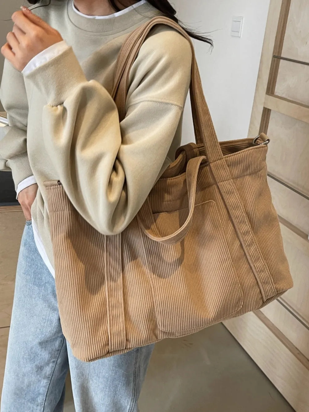 Corduroy Solid Large Tote Bag - Premium Tote Bag from Trendsi - Just $39.99! Shop now at Handbags Specialist Headquarter