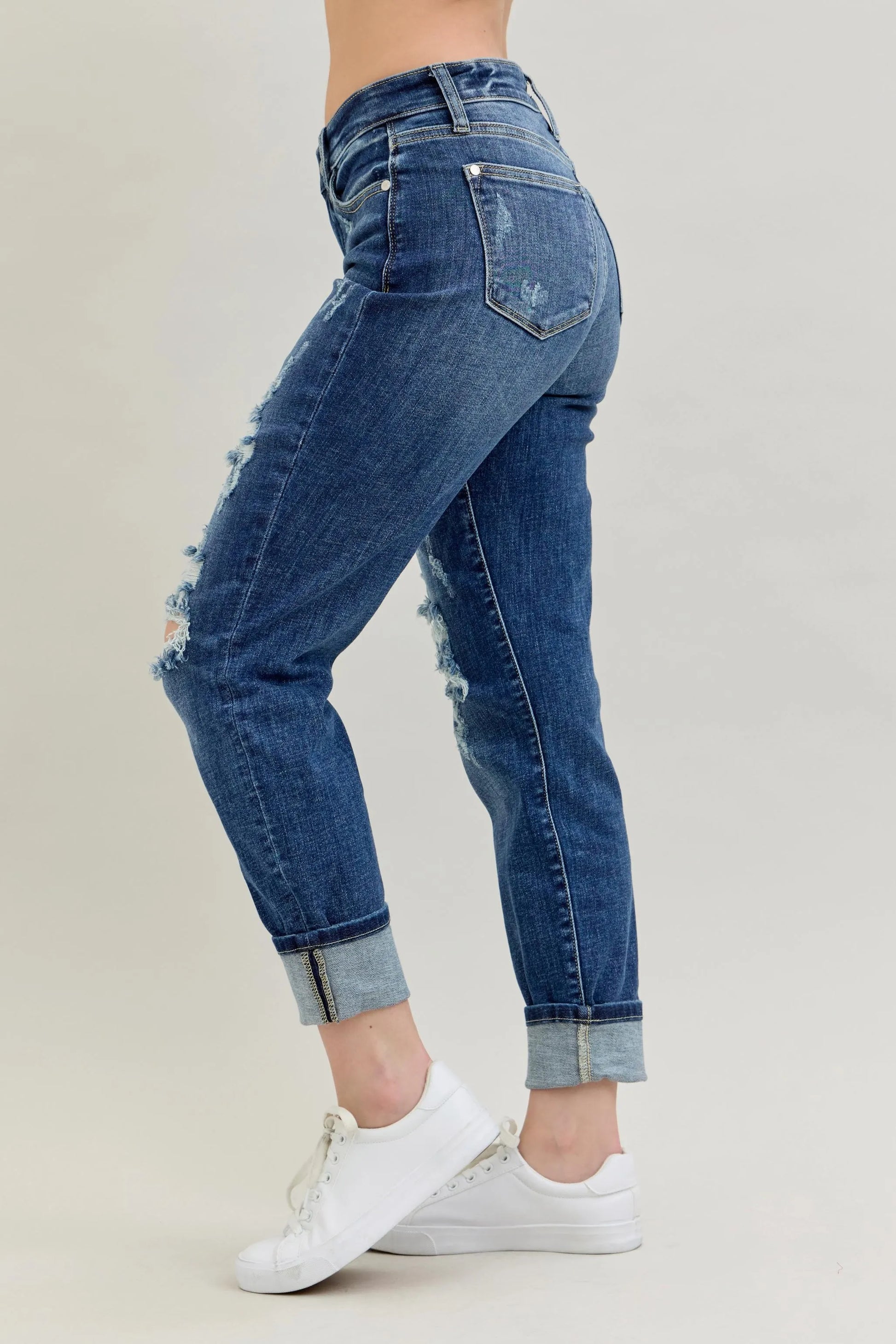Judy Blue Full Size Mid Rise Cuffed Destroy Bf Jeans Plus Size - Premium Women / Jeans & Denim from Trendsi - Just $62.99! Shop now at Handbags Specialist Headquarter