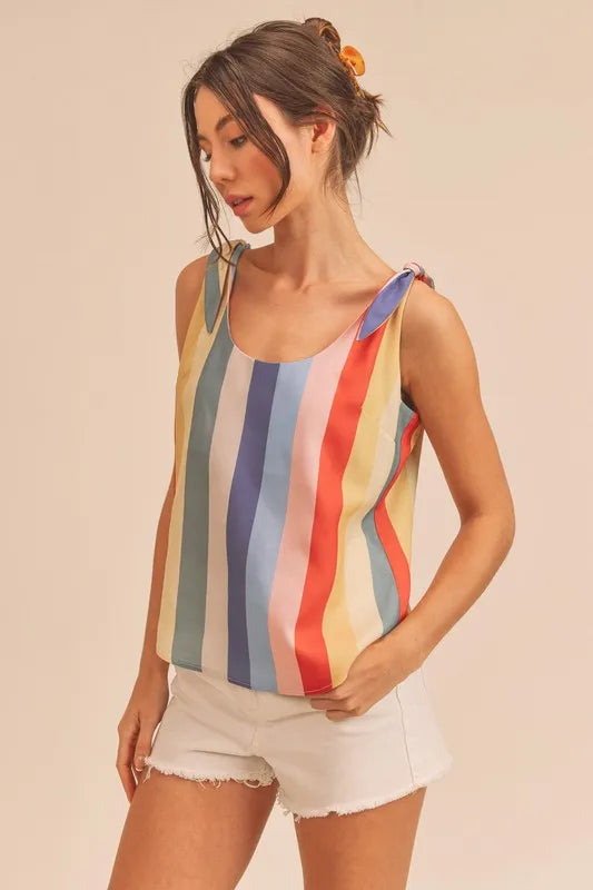 Aemi + Co Contrast Striped Scoop Neck Tie Shoulder Tank - Premium Tops from Trendsi - Just $35.62! Shop now at Handbags Specialist Headquarter