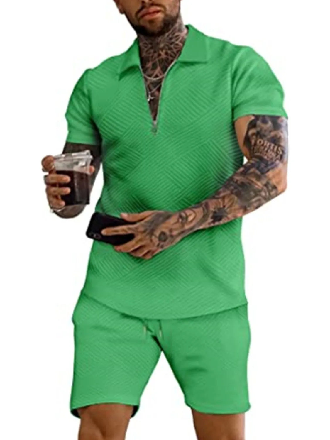 Men's Full Size Textured Collared Neck Short Sleeve Top and Shorts Set Plus Size - Premium Men's Pants Set from Trendsi - Just $33.66! Shop now at Handbags Specialist Headquarter