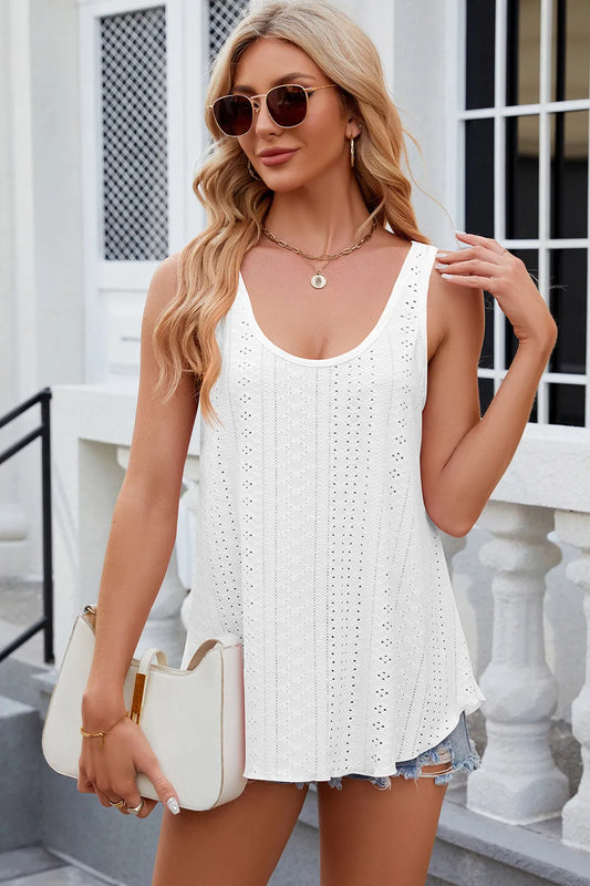 Florira Eyelet Round Neck Tank - Premium Tops from Trendsi - Just $18.22! Shop now at Handbags Specialist Headquarter