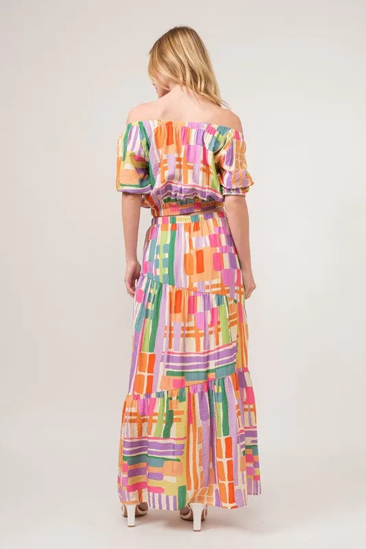 And The Why Asymmetric Geo Printed Tiered Maxi Skirt - Premium Skirts from Trendsi - Just $47.99! Shop now at Handbags Specialist Headquarter
