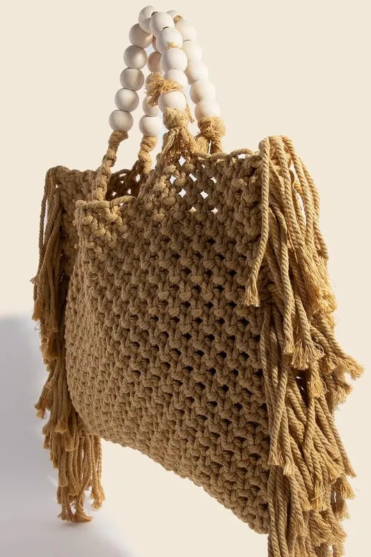 Fame Wooden Beaded Handle Braided Tote Bag - Premium Tote Bag from Trendsi - Just $42.99! Shop now at Handbags Specialist Headquarter