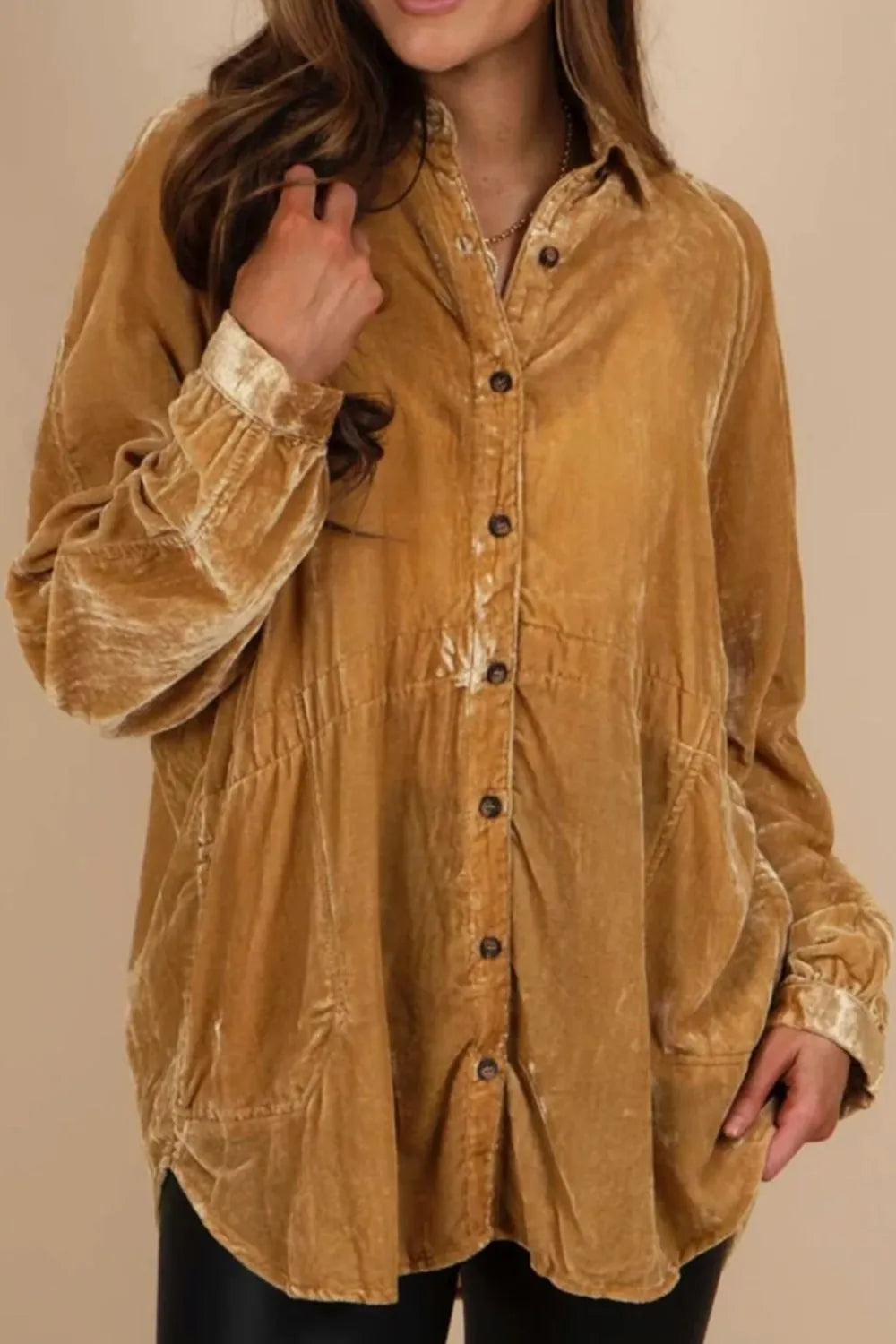 Button Down Loose Fit Velvet Shirt - Premium Women's Down Shirt Tops from Trendsi - Just $40.18! Shop now at Handbags Specialist Headquarter