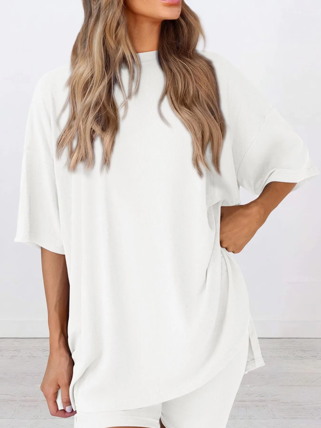 Full Size Oversized Slit Round Neck Top and Shorts Lounge Set Plus Size - Premium Sleepwear from Trendsi - Just $28.99! Shop now at Handbags Specialist Headquarter