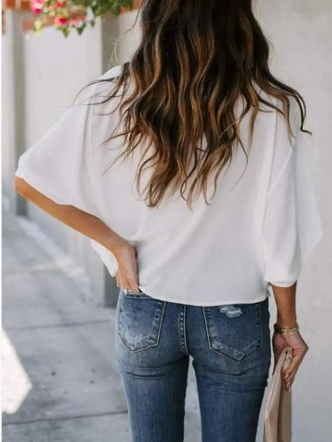 Full Size Ruched Three-Quarter Sleeve Blouse Plus Size.