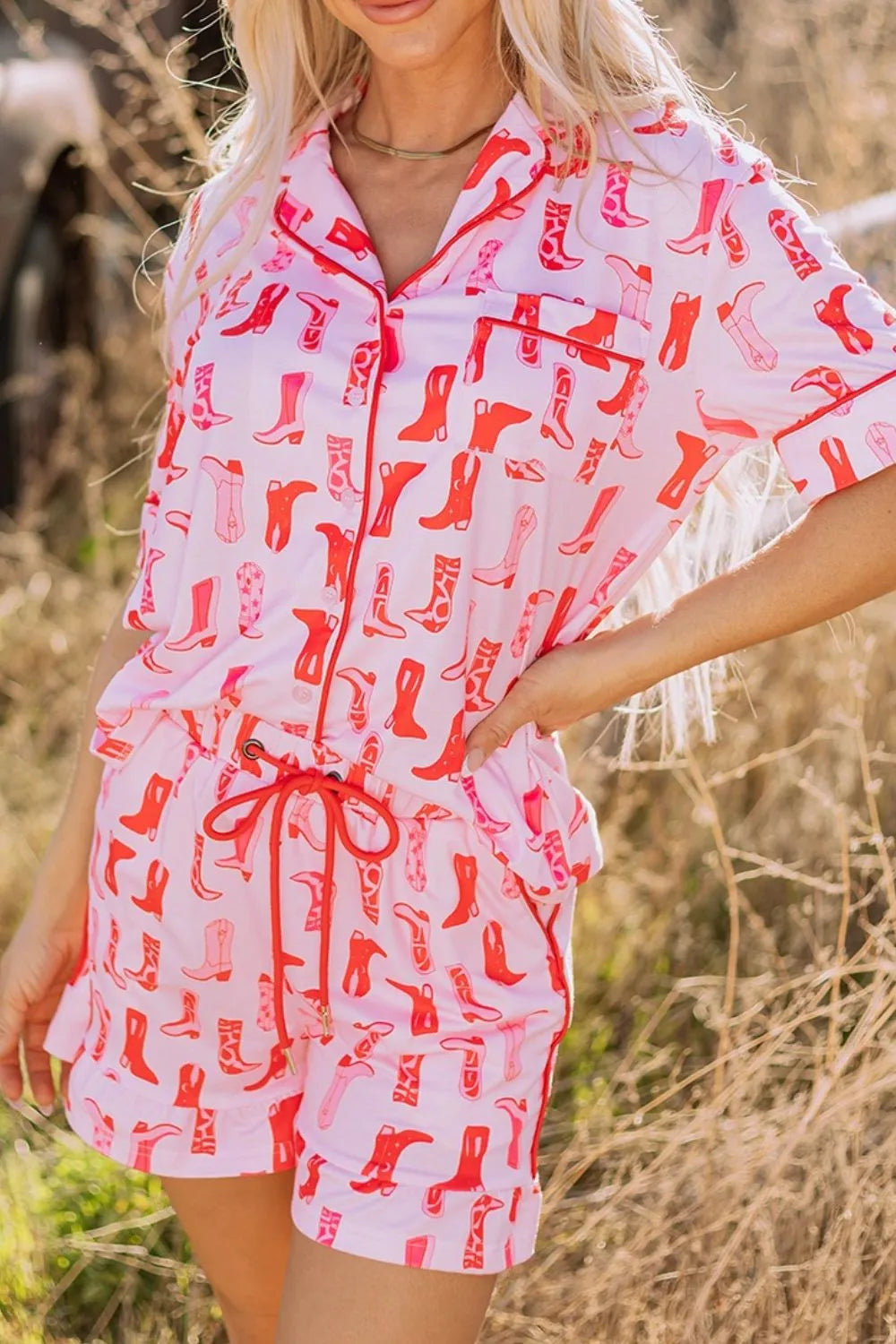 Cowgirl Boots Printed Shirt and Shorts Set - Premium Sleepwear from Trendsi - Just $60.99! Shop now at Handbags Specialist Headquarter