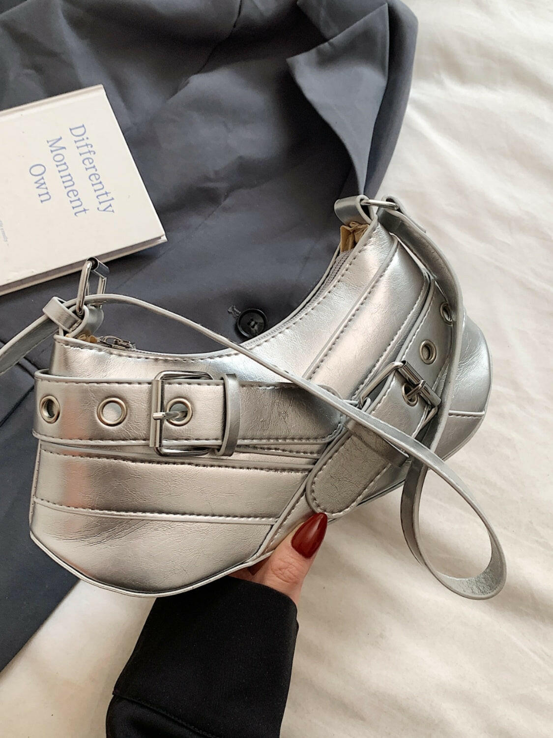 PU Leather Buckle Shoulder Bag.