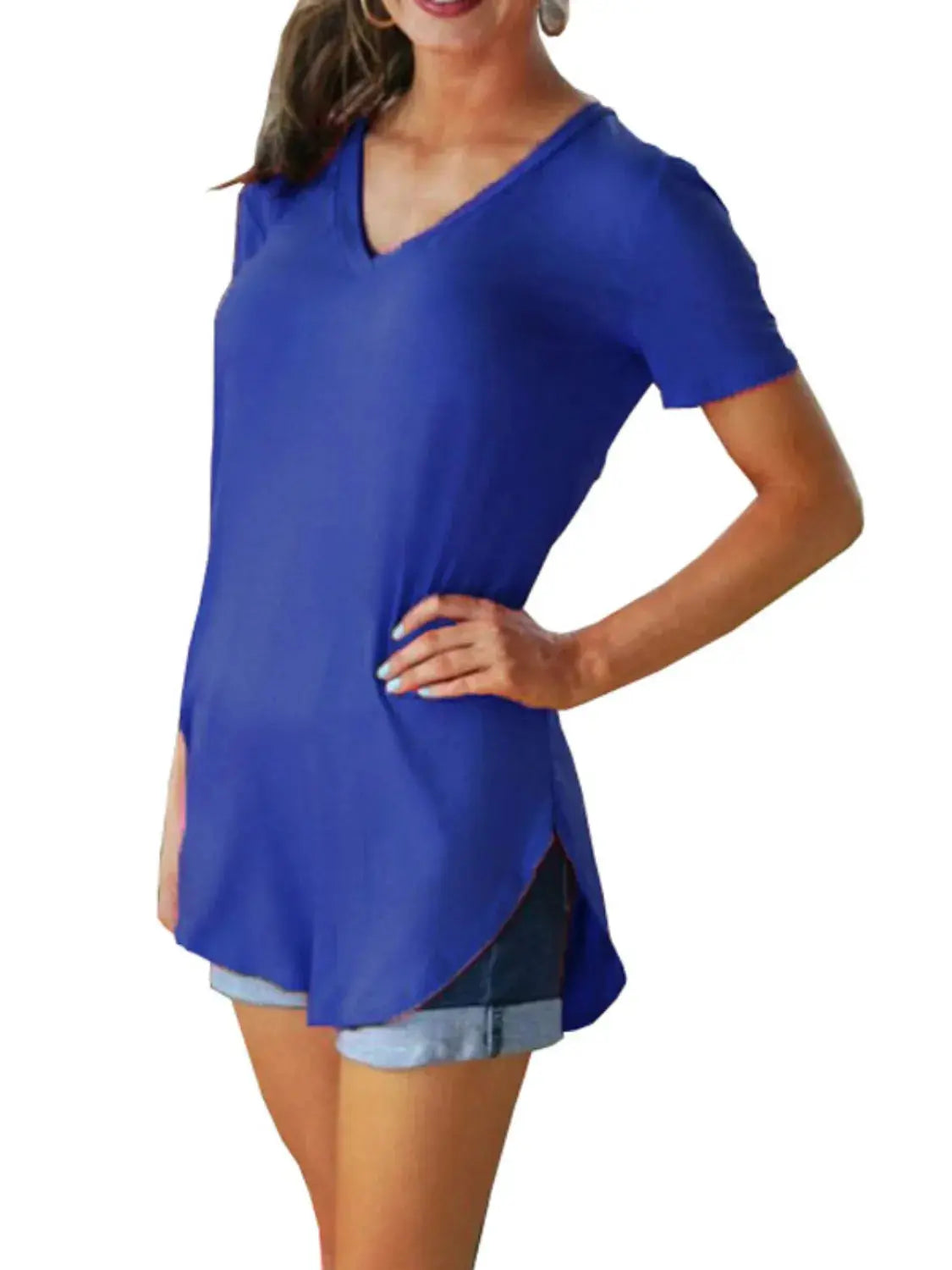 Full Size Solid V-Neck Short Sleeve T-Shirt Plus Size - Premium Women Plus Size from Trendsi - Just $16.36! Shop now at Handbags Specialist Headquarter
