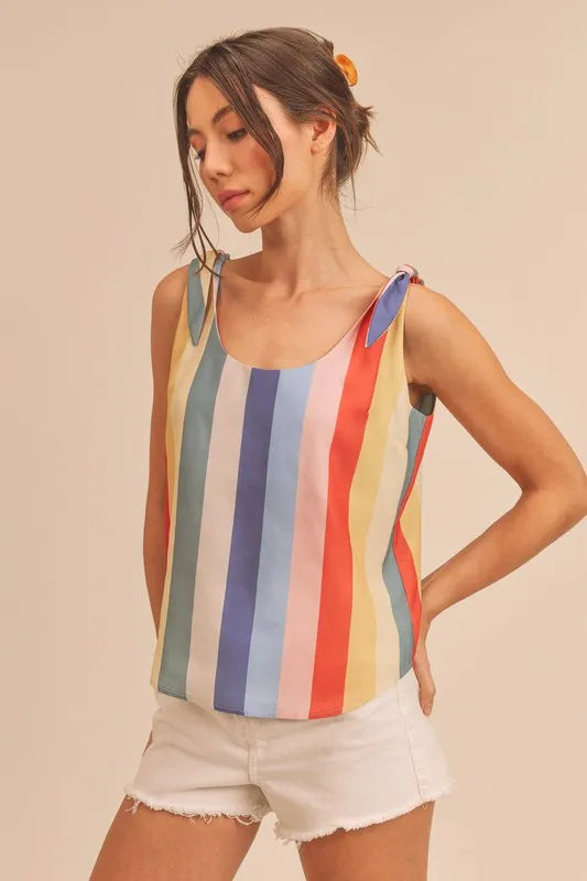 Aemi + Co Contrast Striped Scoop Neck Tie Shoulder Tank - Premium Tops from Trendsi - Just $35.62! Shop now at Handbags Specialist Headquarter
