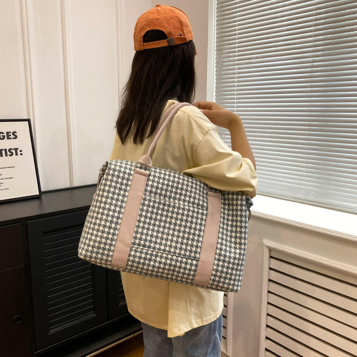 Houndstooth Canvas Travel Bag - Premium Luggage Travel Bags from Trendsi - Just $32.99! Shop now at Handbags Specialist Headquarter